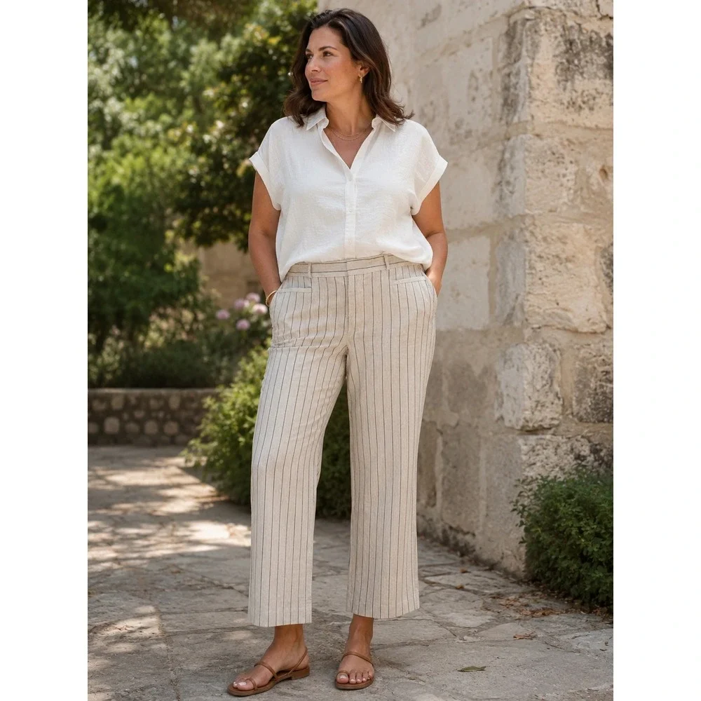 Banana Republic Sloan Pants Womens 16 Cream Black Striped Excellent Slim Ankle